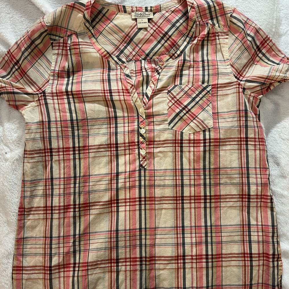 Lucky Brand Plaid Short-Sleeve Blouse in Pink & Cream